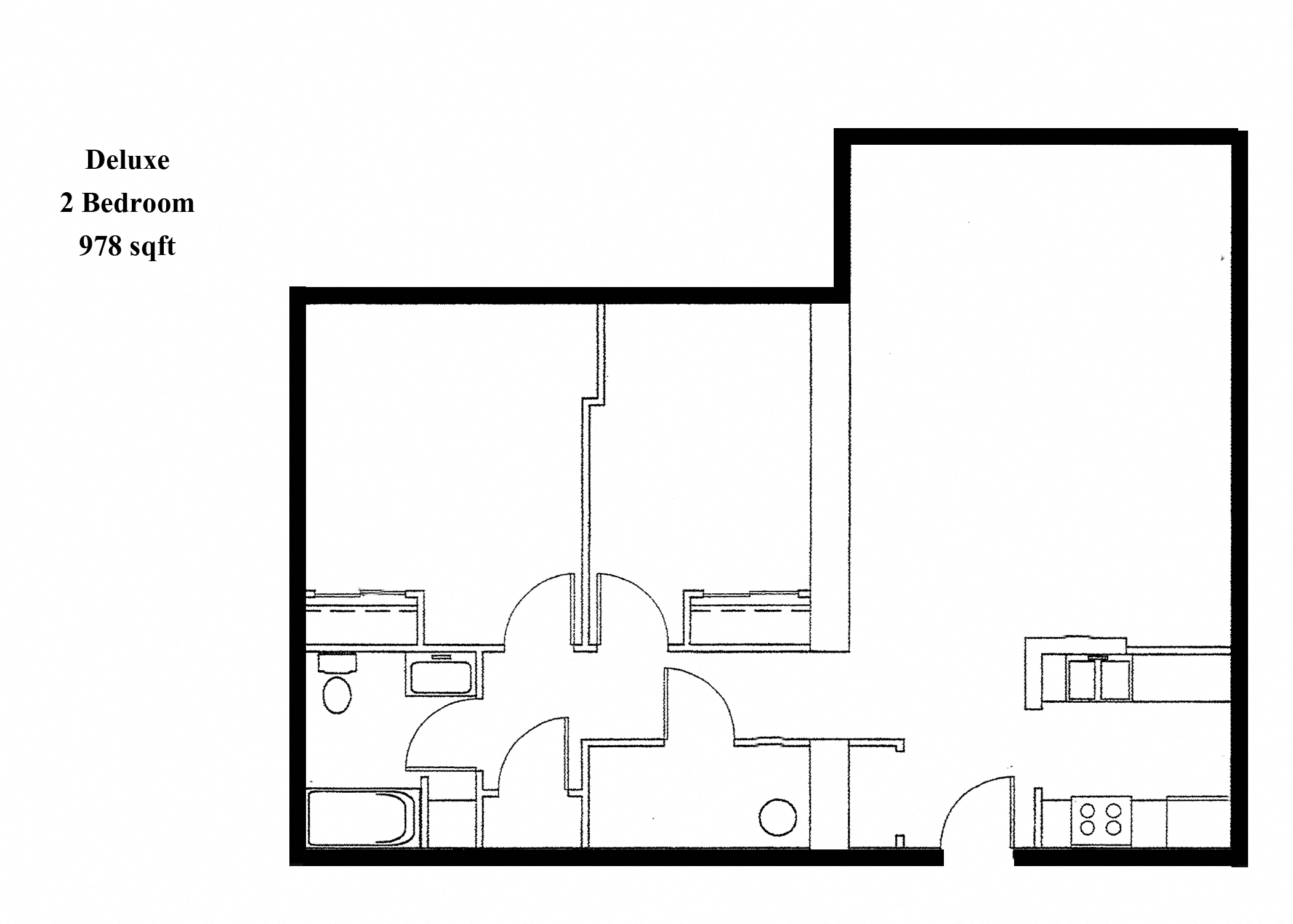 Floor plan for 2 beds, 1 bath, 965 sqft